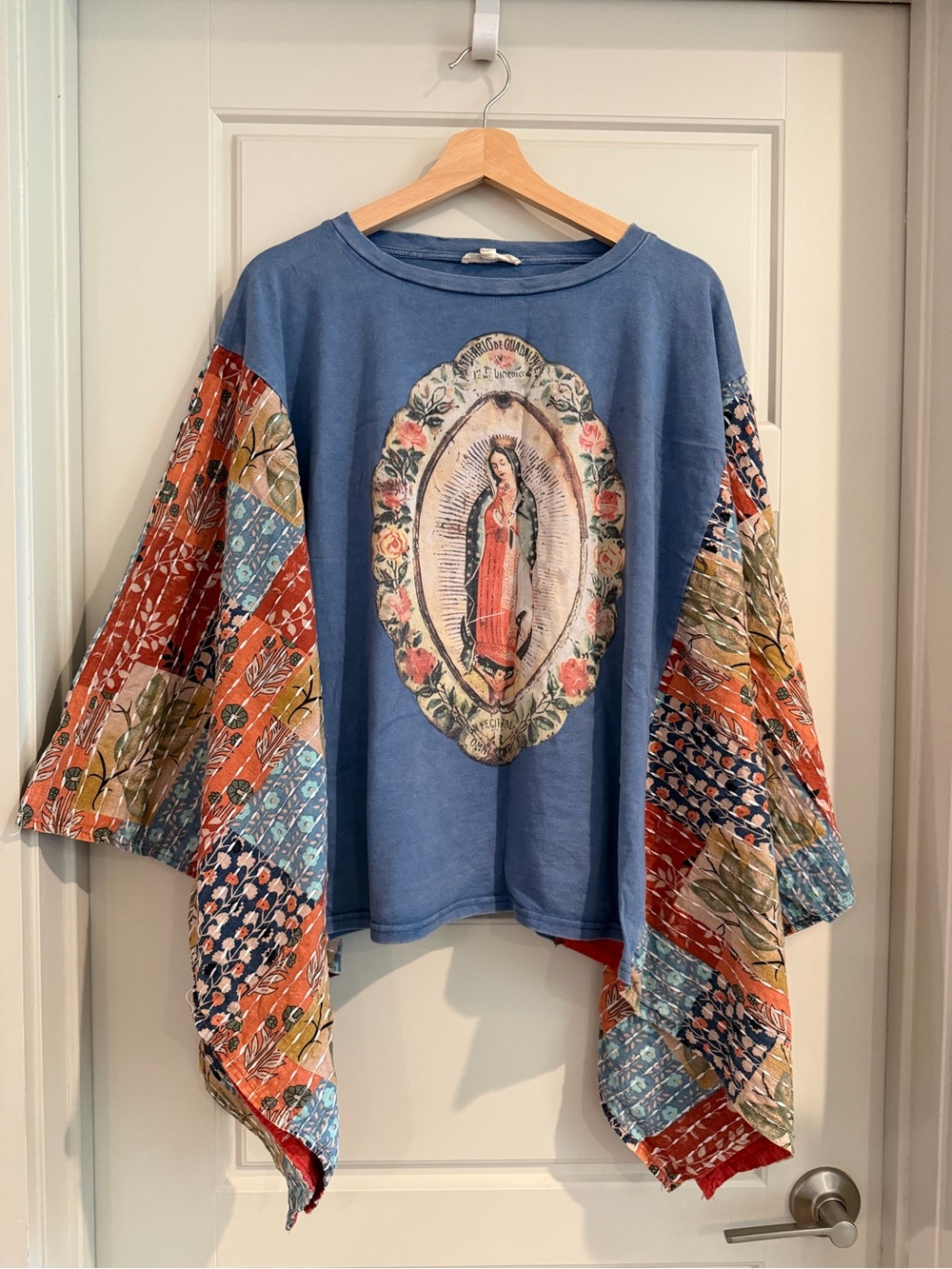 Blue Velvet Virgin Mary Print Kantha Poncho Top
